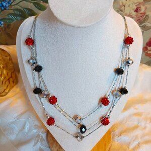5/$25 Layered Red Black Beaded Necklace silver tone chain 22" Women Boho Retro